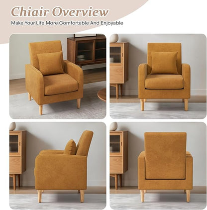 Athena Collection Armchair Modern Accent Chair Upholstered Sofa Chair with High Back, Linen Lounge Living Room Chair Single Reading Seat with Pillow & Thick Seat Cushion for Bedroom, Yellow