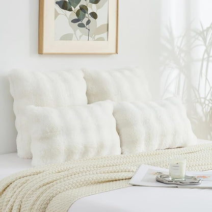 FUTEI Cream White Decorative Throw Pillow Covers 12x20 Inch Set of 2,Soft Fuzzy Faux Rabbit Fur Pillow Case with Raised Texture,Neutral Boho Home Decor for Couch Bed Living Room