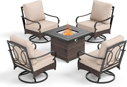 Patio Furniture Set with 32" Fire Pit Table, Patio Conversation Sets 4 Swivel Chairs with Thick Cushion and 50000 BTU Fire Pit Table (5 Pieces,Beige)