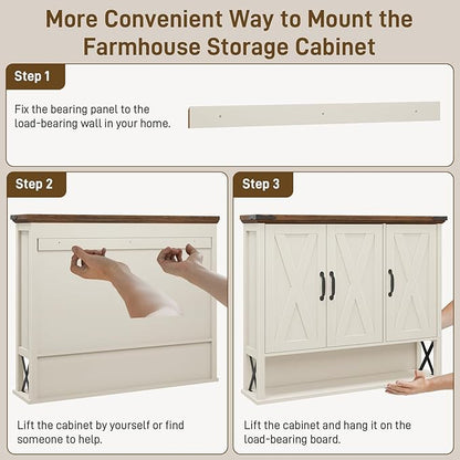 Bathroom Wall Cabinet, Farmhouse Medicine Cabinet with Adjustable Wood Shelf & 3 Doors, Over The Toilet Storage Cabinet for Wall Mounted for Bathroom Laundry Room Kitchen, White and Brown