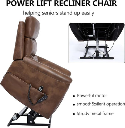 PELUMY Power Lift Recliner Chair for Elderly with Massage and Heat, Dual Motor Heavy Duty 350lbs Recliner, 8-Point Vibration & Lumbar Heating, Electric Lift Chair (Breathable Leather, Brown)