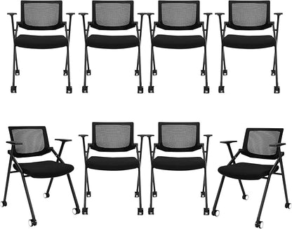 Conference Room Chairs with Wheels and Paddle, Ergonomic Mesh Back and Arms for Meeting, Conference, Reception, Training Room & Home Office Desk Folding Chairs 8 Pack