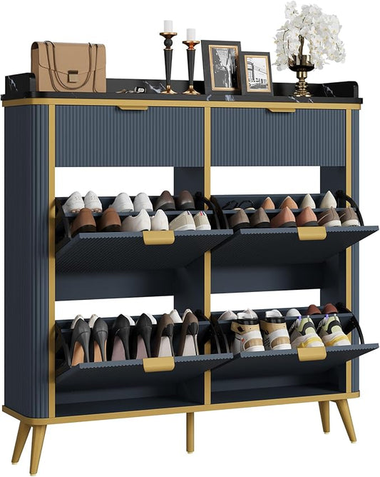 Fluted Shoe Storage Cabinet with 4 Flip Drawers & 2 Drawers, Freestanding Hidden Shoe Organizer with Adjustable Shelves, Wood Narrow Shoe Rack Cabinet for Entryway, Foyer, Hallway, Navy Blue
