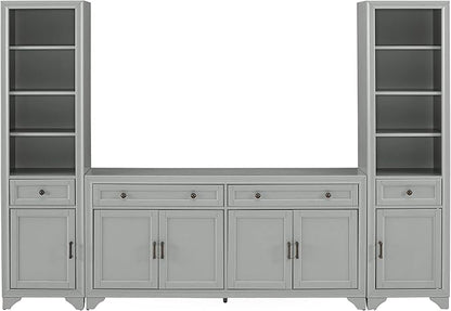 Crosley Furniture Tara 3-Piece Modern Farmhouse Sideboard Buffet Cabinet and Bookcase Set with Storage, Distressed Gray