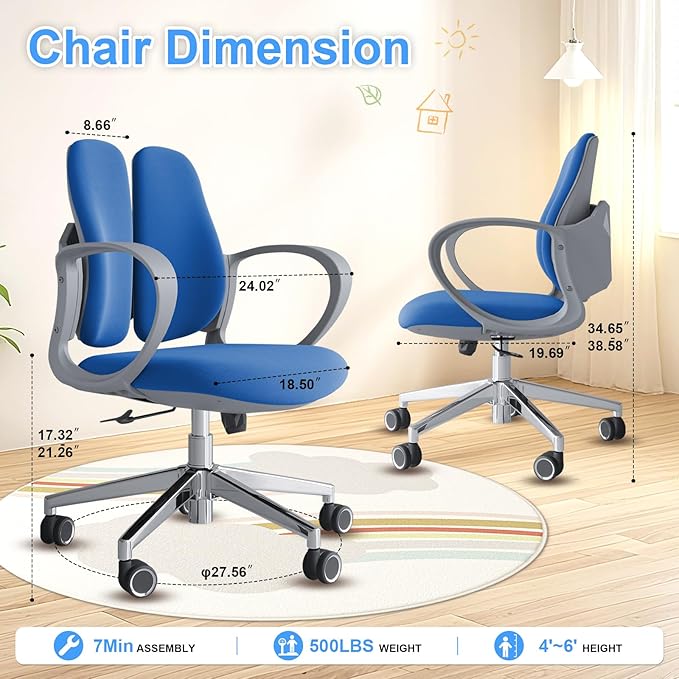 Ergonomic Office Chair Desk Chair Dual-backrest Computer Chair with Flexible Lumbar Support and Adjustable Height, 500lbs Extra Wide Seat with Wheels, for Home & Office Use Blue