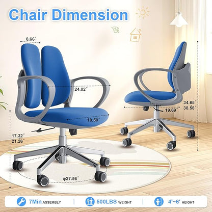 Ergonomic Office Chair Desk Chair Dual-backrest Computer Chair with Flexible Lumbar Support and Adjustable Height, 500lbs Extra Wide Seat with Wheels, for Home & Office Use Blue