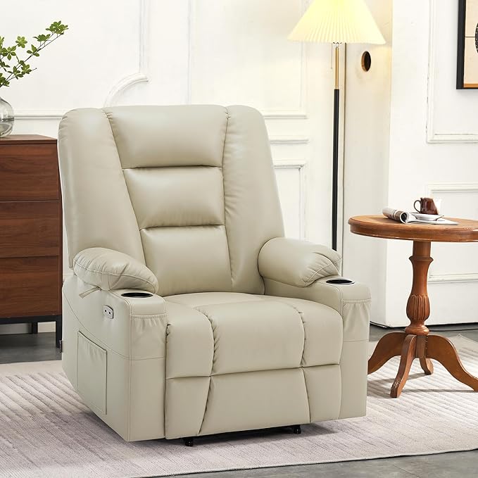 MCombo Oversized Power Lift Recliner Chair with Massage and Heat for Big and Tall Elderly People, Cup Holders, USB Ports, Side Pockets, Faux Leather R7541 (Beige, Large-Oversize)