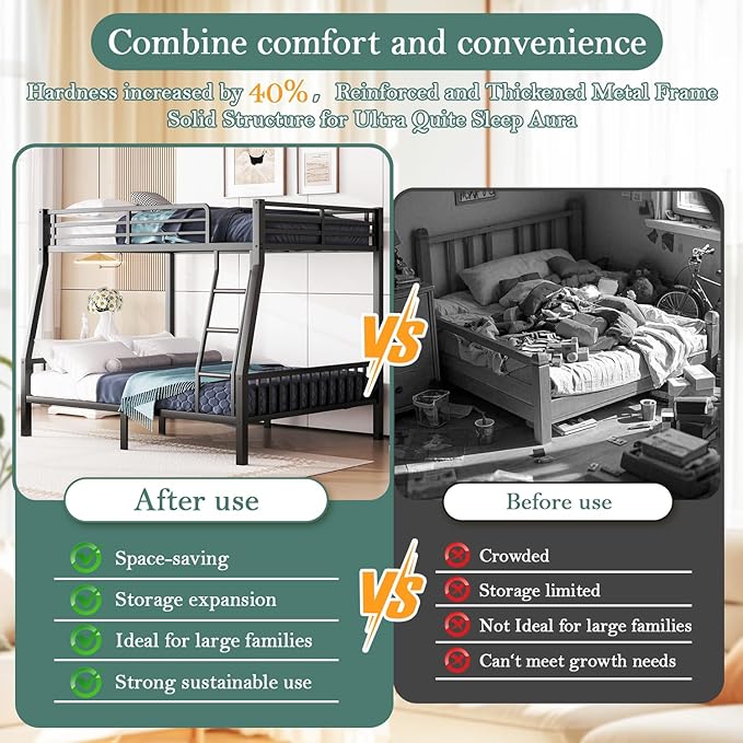 Bunk Bed Full XL Over Queen, Heavy Duty Metal Bunk Bed Frame, Queen bunk Bed with Guardrail Heavy Duty Bunk Bed Frame for Adults - Teens Dorm Bedroom Guest Room（Black）