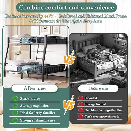 Bunk Bed Full XL Over Queen, Heavy Duty Metal Bunk Bed Frame, Queen bunk Bed with Guardrail Heavy Duty Bunk Bed Frame for Adults - Teens Dorm Bedroom Guest Room（Black）