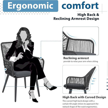 JOIVI 5 Piece Outdoor Dining Set, Wicker Patio Furniture Dining Chairs and Table Set with Cushions for 4 People, Tempered Glass Tabletop with 2.16” Umbrella Hole, for Lawn, Backyard,with Gray Cushions