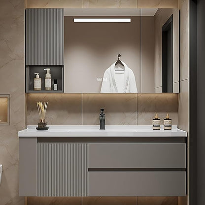 48IN Suspended Bathroom Cabinet Combo Set - Fully Functional LED Mirror with Smart Defogging & Time Display | Bathroom Vanity with Sink,Side Cabinet Storage Compartment (Style A)