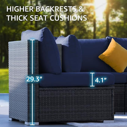 NICESOUL 13Pcs Patio Furniture Sets with Firepit, Contemporary Rattan Modular 10-Seater Outdoor Patio Set with Matching Chaise, Extra Wide Deep Seat Sectional Sofa and Lounger for Deck, Grey&Navy Blue