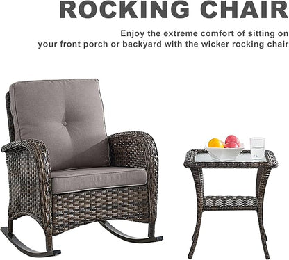 HUMMUH 5-Piece Outdoor Patio Furniture PE Wicker Patio Conversation Set,All-Weather Outdoor Rocking Chairs with Patio Couch Tables for Backyard,Poolside,Deck