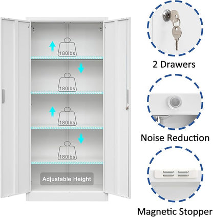 BESFUR Metal Storage Cabinet with 5 Adjustable Shelves and 2 Lockable Doors, 71" White Garage Metal Cabinet, Locking Cabinet for Office, School, Garage