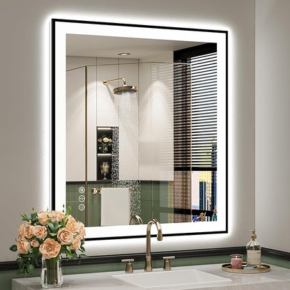 32x36 Inch LED Bathroom Mirror with Lights (Front Lit and Backlit) Black Framed Lighted Vanity Mirror for Bathroom Wall Dimmable Anti-Fog Memory Tempered Glass Horizontal/Vertical