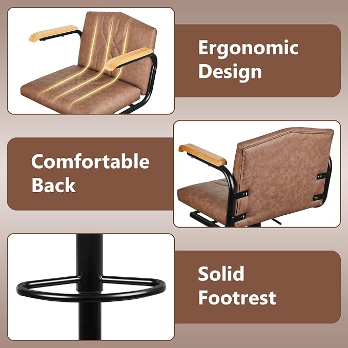 VECELO Bar Stools Set of 2, Adjustable & Swivel Faux Leather Bar Stools with Backs and Footrest, for Kitchen Islands, Dining Counters, Home Bars, Brown