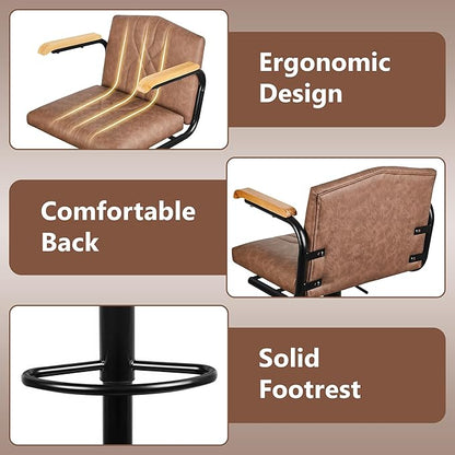VECELO Bar Stools Set of 2, Adjustable & Swivel Faux Leather Bar Stools with Backs and Footrest, for Kitchen Islands, Dining Counters, Home Bars, Brown