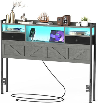 Queen Size Headboard with Drawers, Outlets & USB Ports,Sturdy Wood Bed Frame with Adjustable Height, Built-in LED Lighting (Grey, Queen 59 * 7.08 * 45.7)