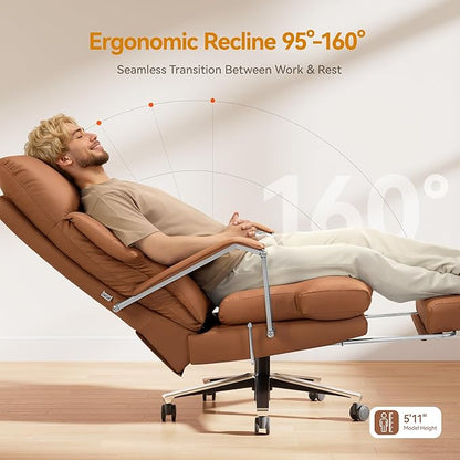 M80A Dual Motor Electric Executive Office Chair with Footrest, Comfortable Reclining Office Chair Wide Seat, Big and Tall Ergonomic Leather Home Office Desk Chair (Brown, Manual)