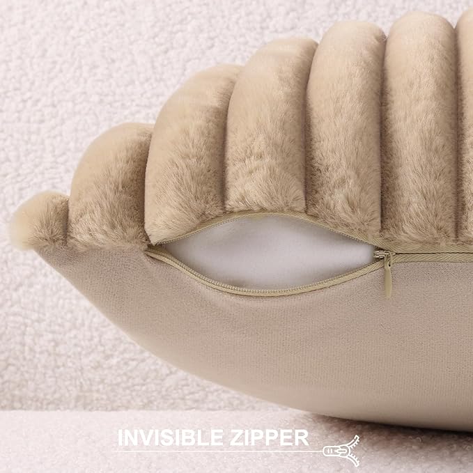 Pallene Faux Fur Plush Throw Pillow Covers 22x22 Set of 2, Luxury Soft Fluffy Striped Decorative Pillow Covers for Sofa, Couch, Living Room, Khaki