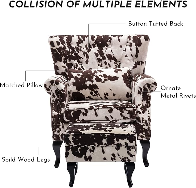 Accent Reading Arm Chairs with Ottoman Set of 2 for Living Room Bedroom, Midcentury Modern Corner Sofa Chair, Wingback Waiting Room Club Chair with Tufted Back &Lumbar Pillow, Fabric Cow