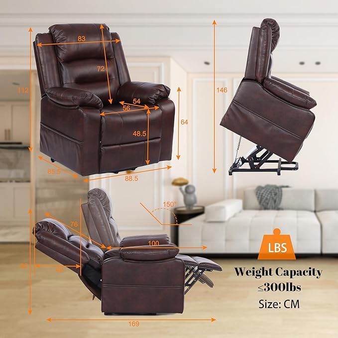 S*MAX Dual Motor Power Lift Recliners Chair for Elderly Infinite Position Full Air Leather Lay Flat Electric Recliner Chairs for Seniors Side Pockets USB Charge Port Brown