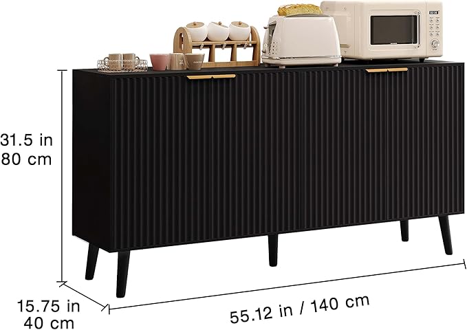 JASIWAY Sideboard Buffet Cabinet with Storage, 55" Sideboard with 4 Fluted Doors Scandinavian Wood Coffee Bar Cabinet Credenza for Living Room, Kitchen, Black