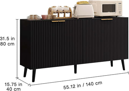 JASIWAY Sideboard Buffet Cabinet with Storage, 55" Sideboard with 4 Fluted Doors Scandinavian Wood Coffee Bar Cabinet Credenza for Living Room, Kitchen, Black