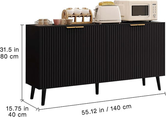 JASIWAY Sideboard Buffet Cabinet with Storage, 55" Sideboard with 4 Fluted Doors Scandinavian Wood Coffee Bar Cabinet Credenza for Living Room, Kitchen, Black