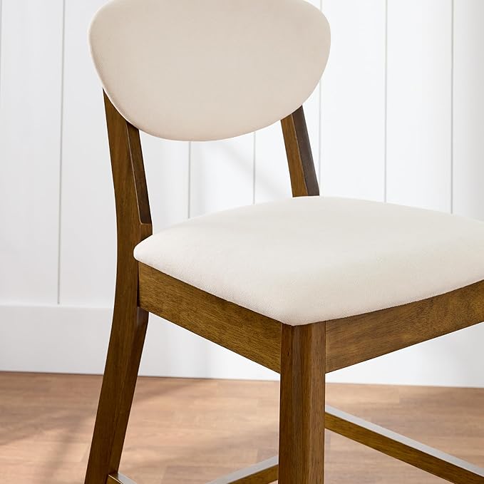 Best Choice Products Bar Stool Set of 2, Mid-Century Modern Upholstered Wood, Armless Counter Height w/Seat Cushion, Backrest - Walnut/Cream