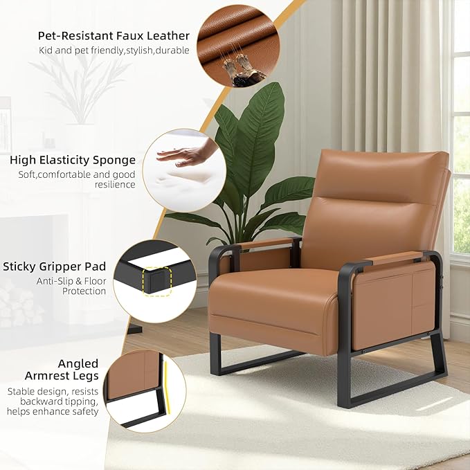 Faux Leather Accent Chairs Set of 2 with Flip Up Tray Tables Soft Backrest for Living Room Office Bedroom Modern Accent Chairs, Brown