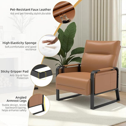 Faux Leather Accent Chair with Flip Up Tray Table Soft Backrest Side Pocket for Living Room Office Bedroom Leather Accent Chair, Brown