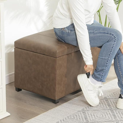 Asense Storage Ottoman Bench,Foot Stool Ottoman with Storage, Faux Leather Foot Rest Seat with Safety Hinge,Wood Legs Stool for Living Room, Bedroom,Enterway,Brown
