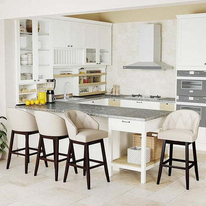 COSTWAY Bar Stools Set of 4, 31’’ Swivel Bar Stools with Rubber Wood Legs & Padded Back, Breathable Linen Fabric, Stylish Tufted Design & Rivet Decoration, Adjustable Foot Pads (4, Beige + Brown)