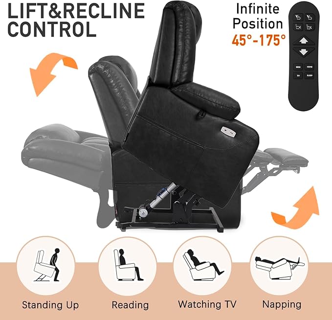 EONIX Dual Motor Oversized Power Lift Recliner Chair for Elderly, 400lbs Heavy Duty Faux Leather Recliner with Massage and Heat, Lay Flat Big and Tall Lift Chair with Cup Holders, Black