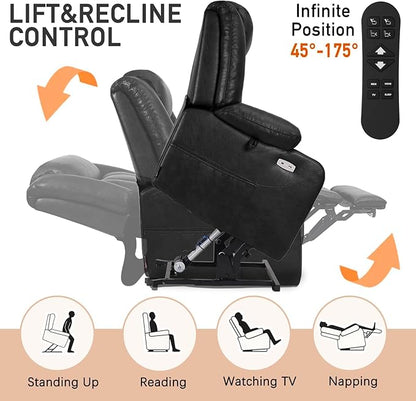 EONIX Dual Motor Oversized Power Lift Recliner Chair for Elderly, 400lbs Heavy Duty Faux Leather Recliner with Massage and Heat, Lay Flat Big and Tall Lift Chair with Cup Holders, Black