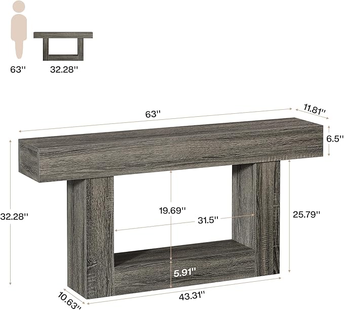 Tribesigns 63-Inch Long Console Table, 2-Tier Entryway Table Sofa Table with Storage, Farmhouse Wood Behind Couch Table for Living Room, Hallway, Rustic Gray