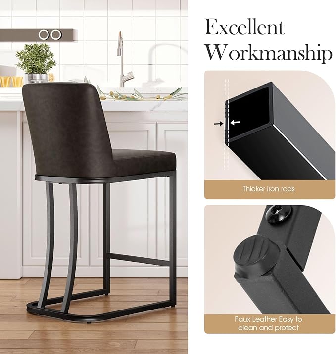 Sophia & William Grey Leather Bar Stools Set of 4, Counter Height 24" Bar Stools