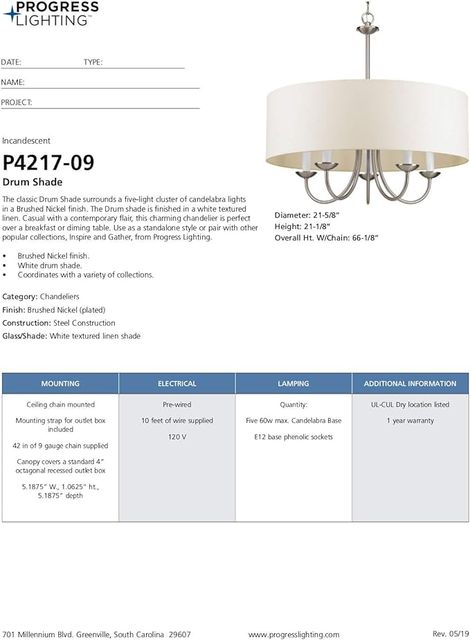 Progress Lighting Drum Shade Collection Five-Light Chandelier, Farmhouse Style Hanging Ceiling Light Fixture for Dining Rooms, Foyers, White Textured Linen Shade, Brushed Nickel
