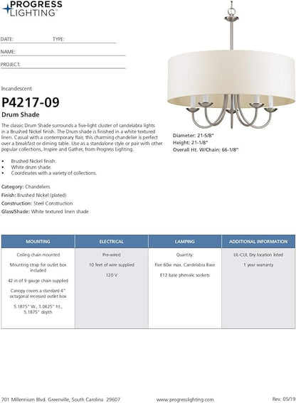Progress Lighting Drum Shade Collection Five-Light Chandelier, Farmhouse Style Hanging Ceiling Light Fixture for Dining Rooms, Foyers, White Textured Linen Shade, Brushed Nickel