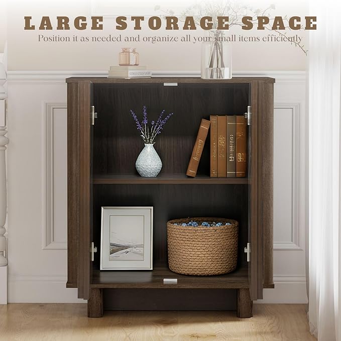 LukeAlon Fluted Sideboard Cabinet with Storage, Mid-Century Modern Accent Buffet Cabinet, 31.5" Height Wooden Small Credenza Cabinets for Living Room Dining Room Entryway Hallway, Walnut Color