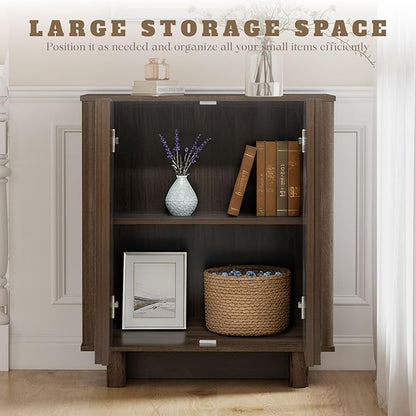 LukeAlon Fluted Sideboard Cabinet with Storage, Mid-Century Modern Accent Buffet Cabinet, 31.5" Height Wooden Small Credenza Cabinets for Living Room Dining Room Entryway Hallway, Walnut Color