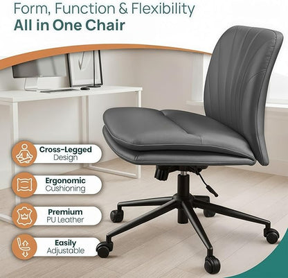 NYPOT Armless Desk Chair with Wheels for Criss Cross Sitting - Cross Legged Wide Armless Chair - Adjustable Vanity 360° Swivel Stool and 120° Rocking Wide Seat Comfy for Home and Office, Color Grey
