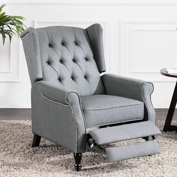 Pushback Recliner Chair, Modern Accent Arm Chair, Fabric Wingback Chair for Living Room Bedroom, Grey