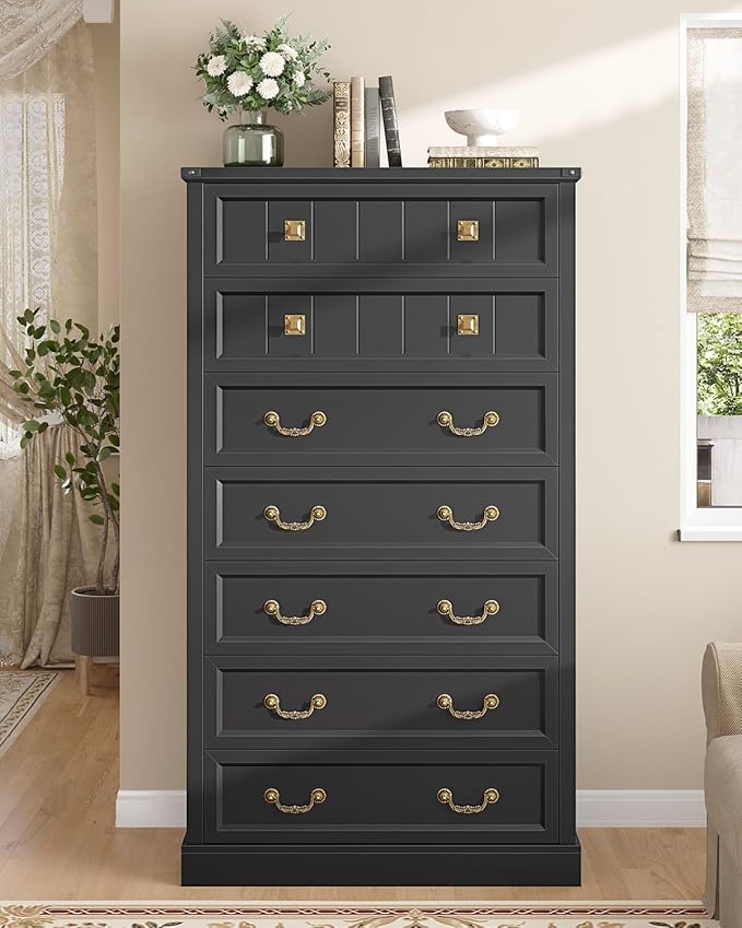 AOGLLATI Farmhouse Dresser with 7 Drawers, 58.7”Tall Wooden Chest of Drawers with Natural Texture, Vintage Design, Black Dresser for Bedroom, Black