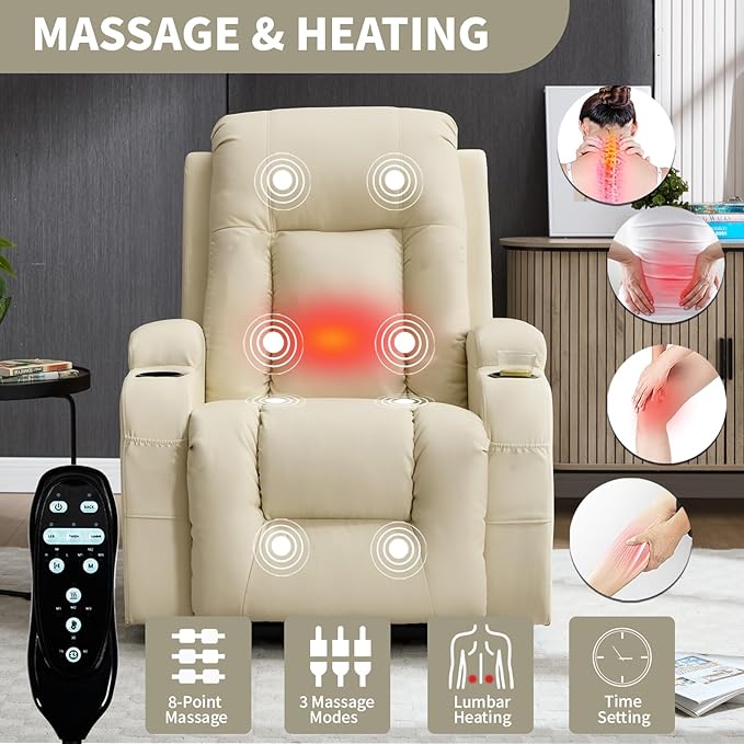 PELUMY Manual Lift Recliner Chair for Elderly with Massage & Heat, Oversized Heavy Duty 350 lbs Recliner with Cup Holders & USB Ports, Infinite Positioning Lift Chair (Breathable Leather, Beige)