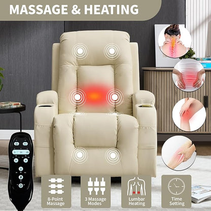 PELUMY Manual Lift Recliner Chair for Elderly with Massage & Heat, Oversized Heavy Duty 350 lbs Recliner with Cup Holders & USB Ports, Infinite Positioning Lift Chair (Breathable Leather, Beige)