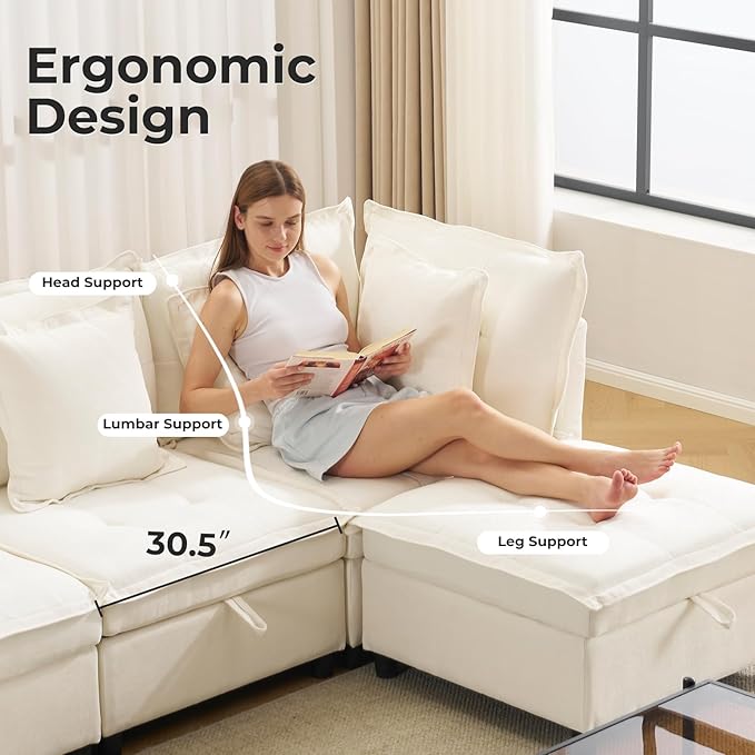133" Modular Sectional Sofa, Comfy Cloud Couch Sectional Sofa with Large Storage, Chenille Sofa Sleeper Deep Seat Sofa with Throw Pillows for Living Room, U Shaped Sofa, White