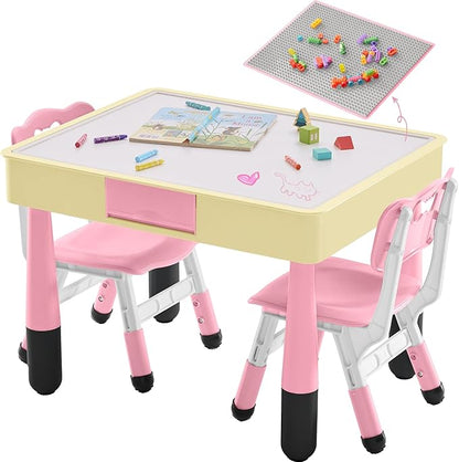 4 in 1 Kids Table and 2 Chairs Set with Storage, Toddler Table and Chair Set for Kids Ages 3-10, Graffiti & Building Blocks Double-Sided Tabletop (Pink, 2 Chairs)
