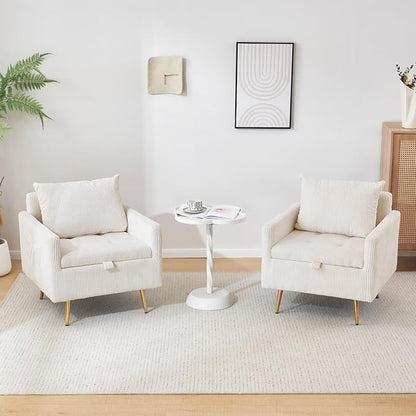 Furnimart Beige Mid-Century Modern Corduroy Storage Accent Chair with Arm, 1-Seater, Built-in Storage, Reading Chair for Bedroom, Living Room, Apartment